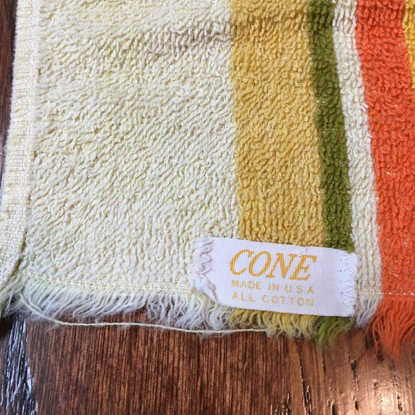Vintage Striped Fringed Bath Towel Yellow, Olive Green and Gold 21 x 38