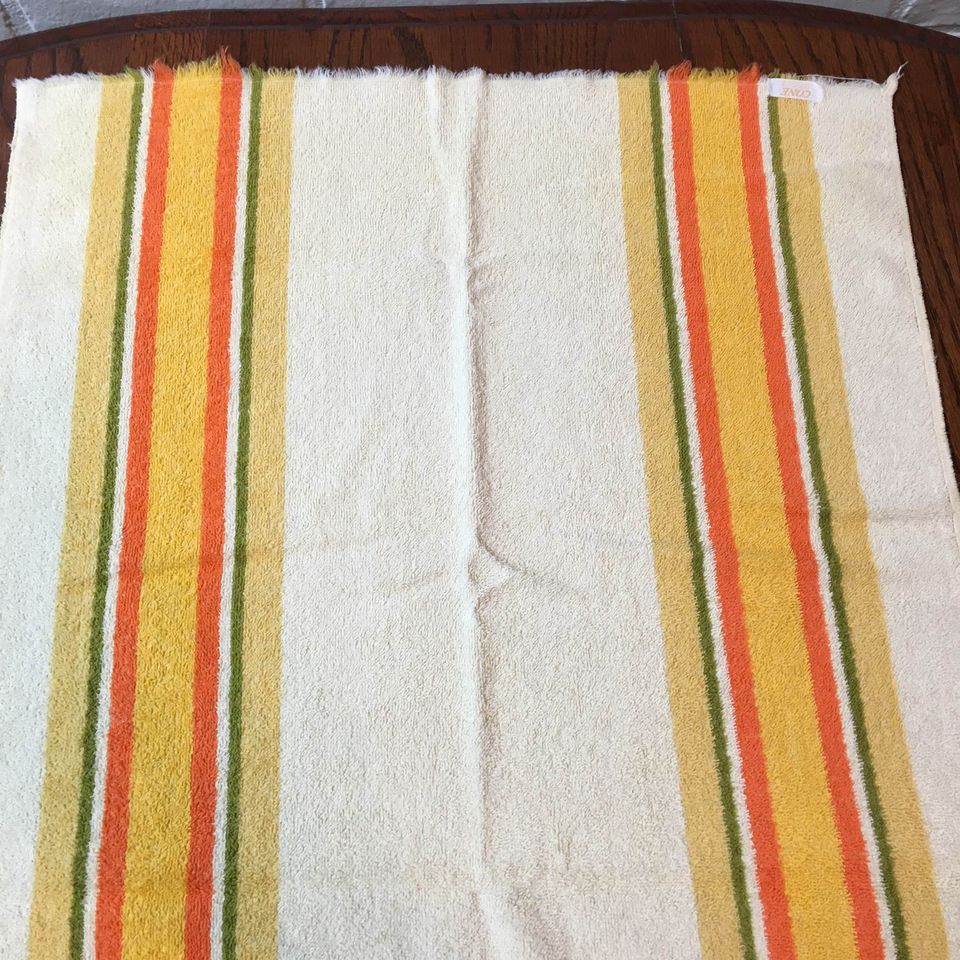 Vintage Striped Fringed Bath Towel Yellow, Olive Green and Gold 21 x 38
