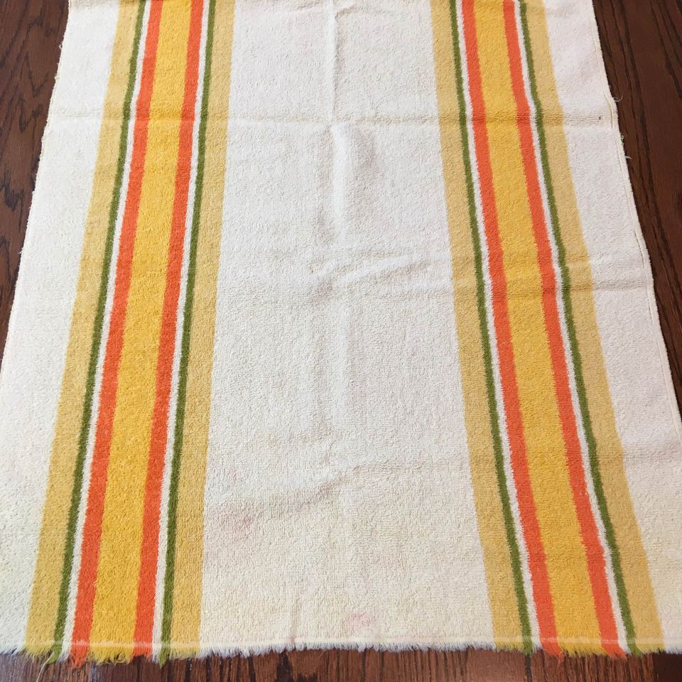 Vintage Striped Fringed Bath Towel Yellow, Olive Green and Gold 21 x 38