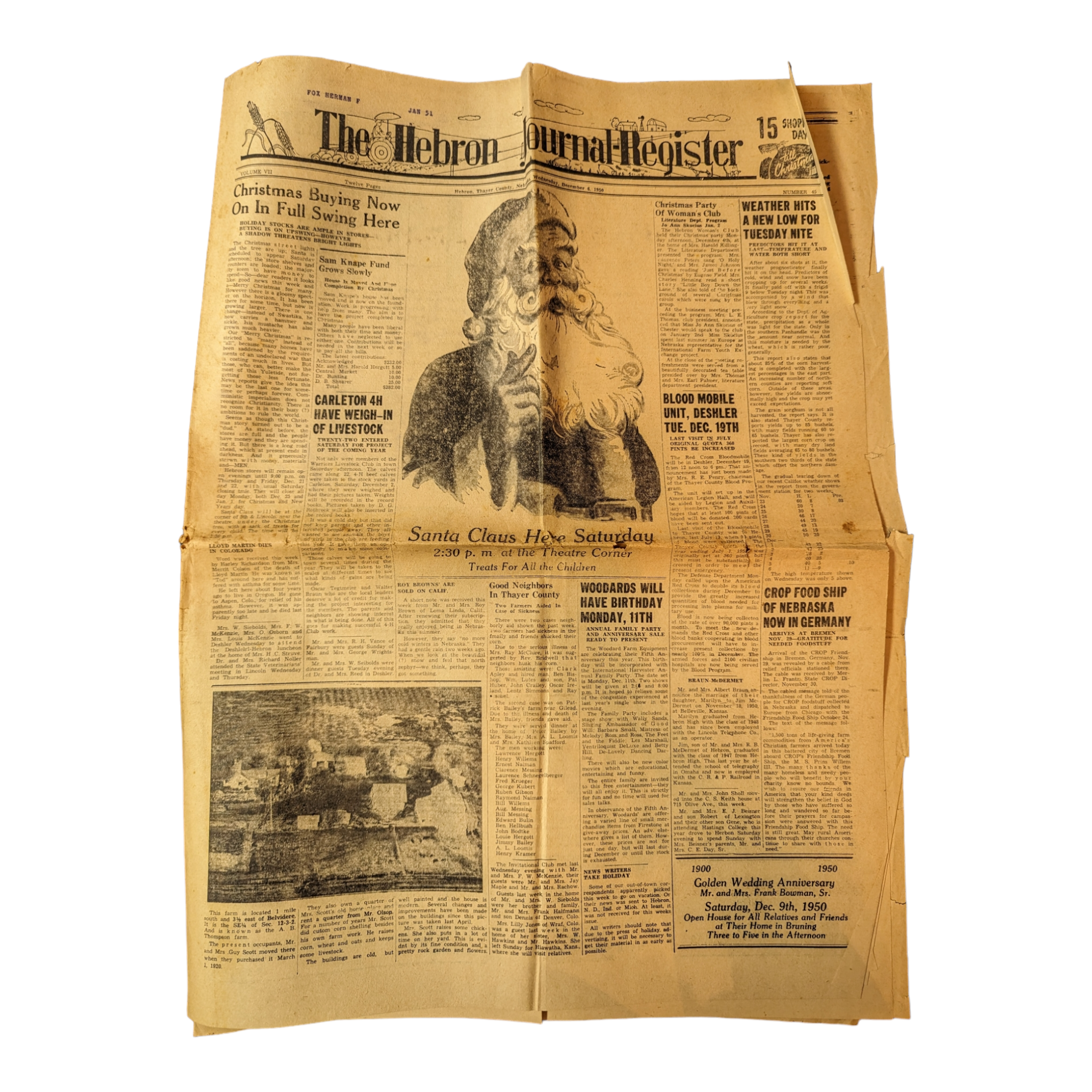 Vintage Hebron Nebraska Newspaper December 6, 1950 Santa Claus