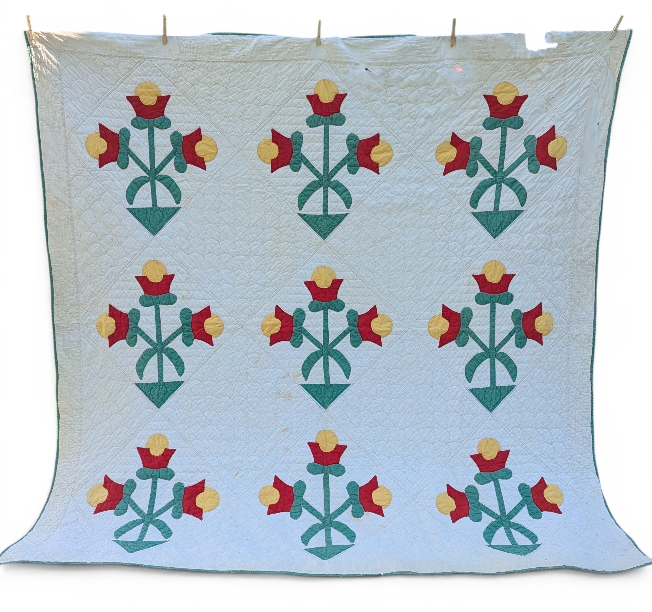 Vintage Appliqué Tulip Cutter Quilt Hand Quilted - Avid Vintage