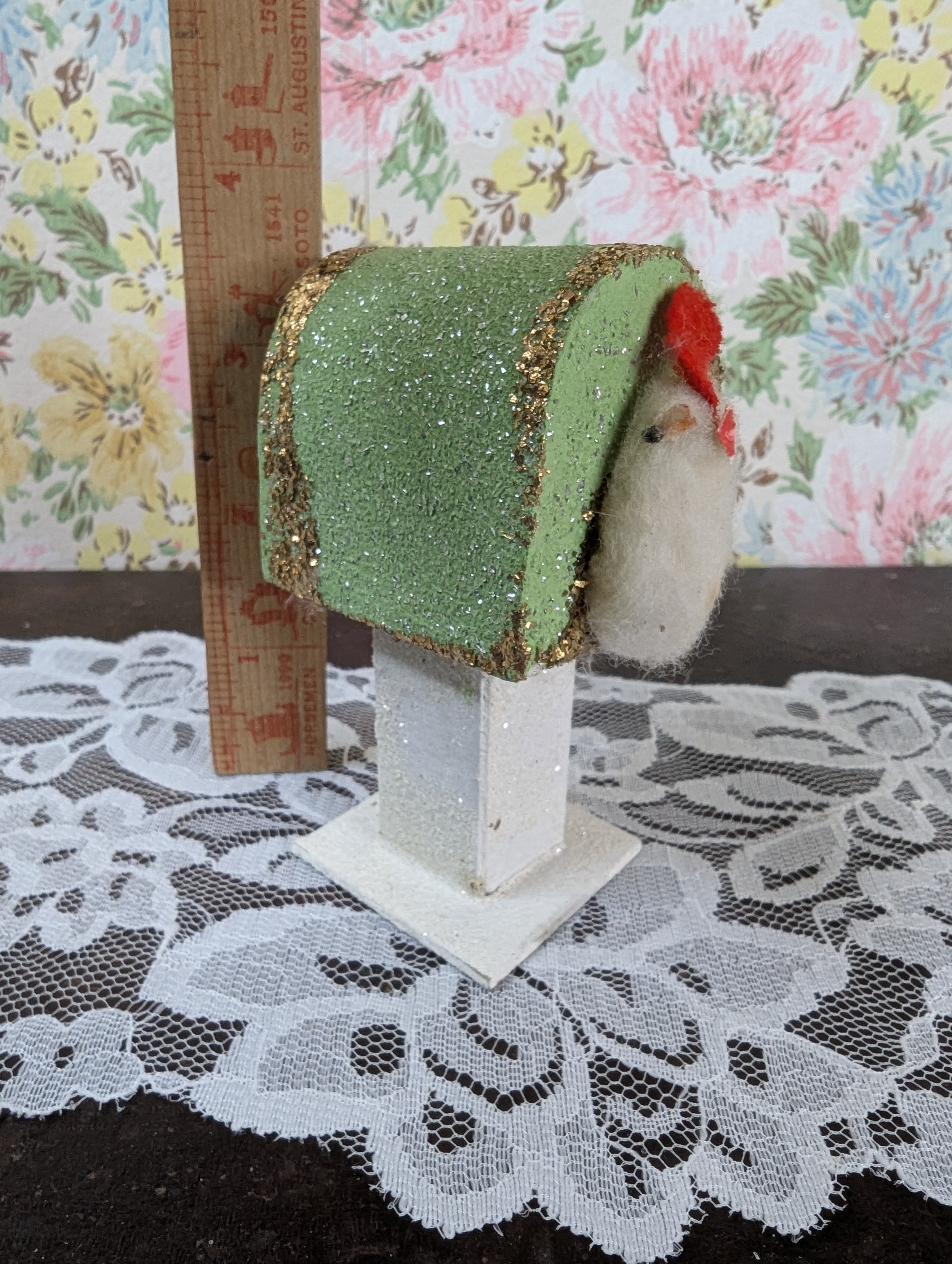 Vintage Japan Putz Chick on Mailbox 1950s Cardboard Glitter Easter Decoration