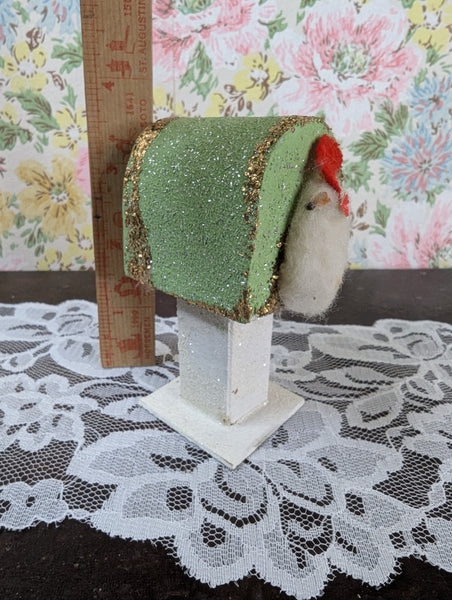 Vintage Japan Putz Chick on Mailbox 1950s Cardboard Glitter Easter Decoration
