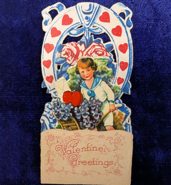 Vintage 1930s Pop Up Valentine Card Boy Pushing Flower Cart