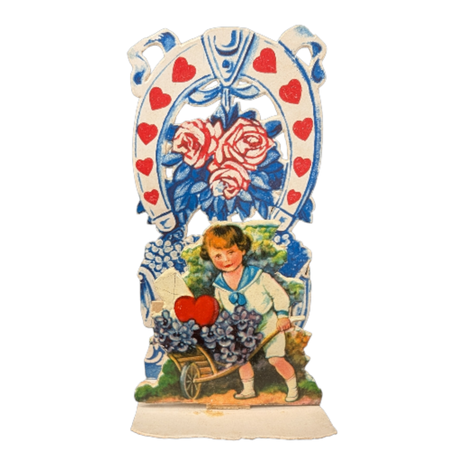 Vintage 1930s Pop Up Valentine Card Boy Pushing Flower Cart