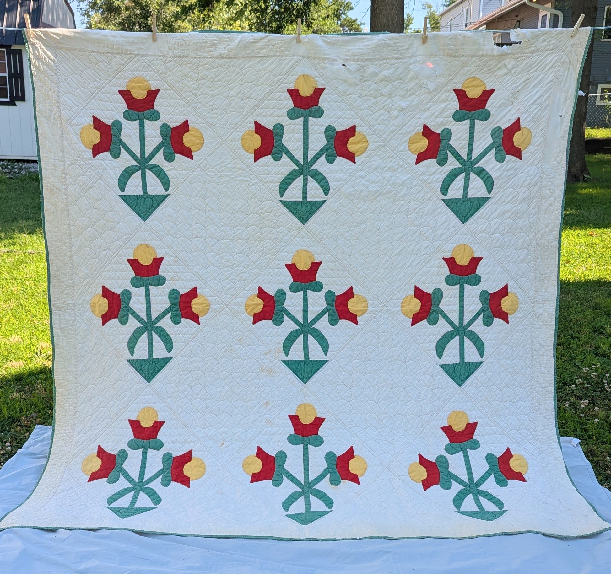 Vintage Appliqué Tulip Cutter Quilt Hand Quilted - Avid Vintage