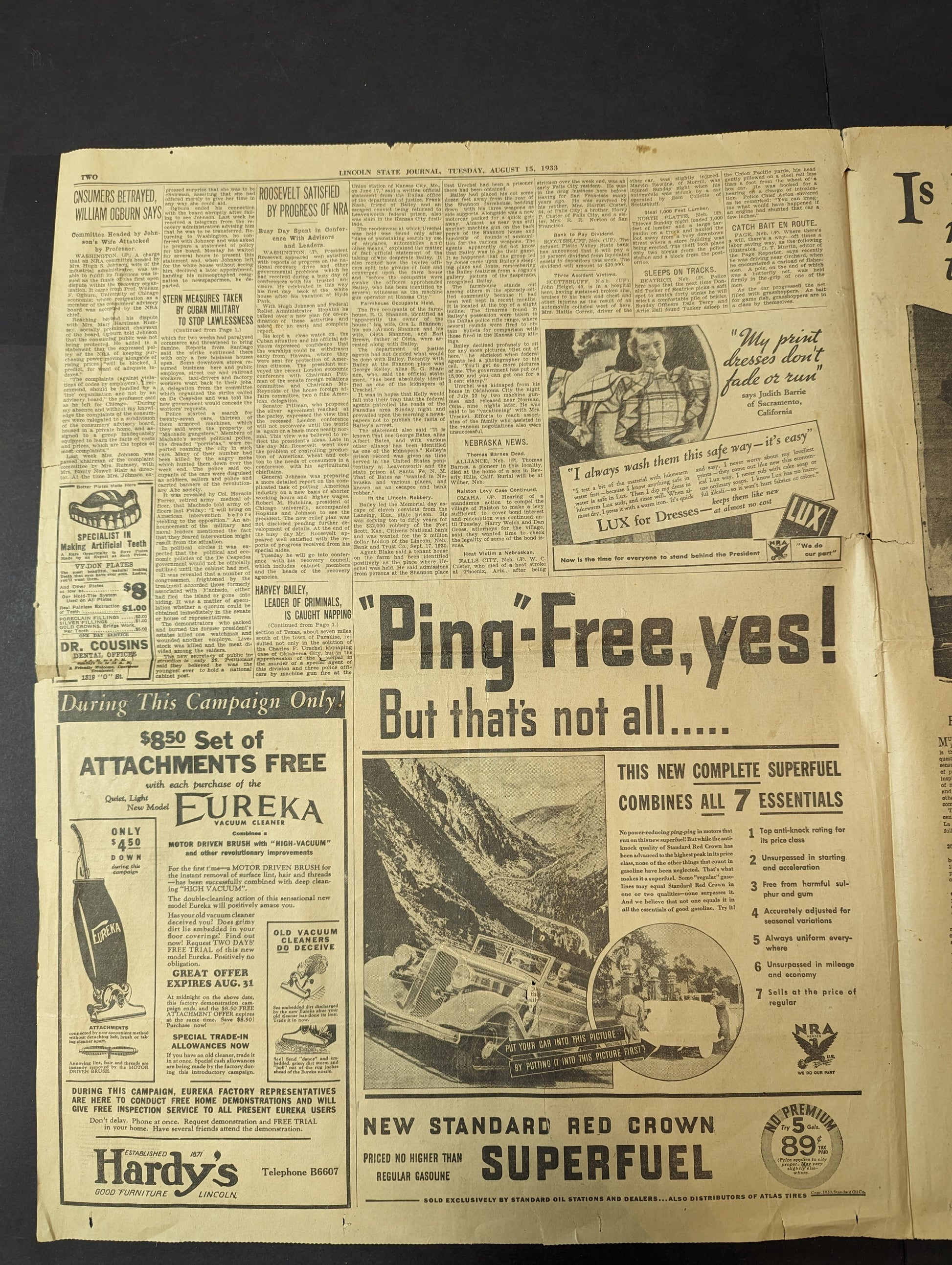 August 15, 1933 Vintage Newspaper Nebraska State Journal - Avid Vintage
