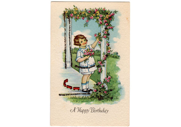 Vintage Unused Happy Birthday Postcard Little Girl Red Train Glitter Pink Roses - Avid Vintage
