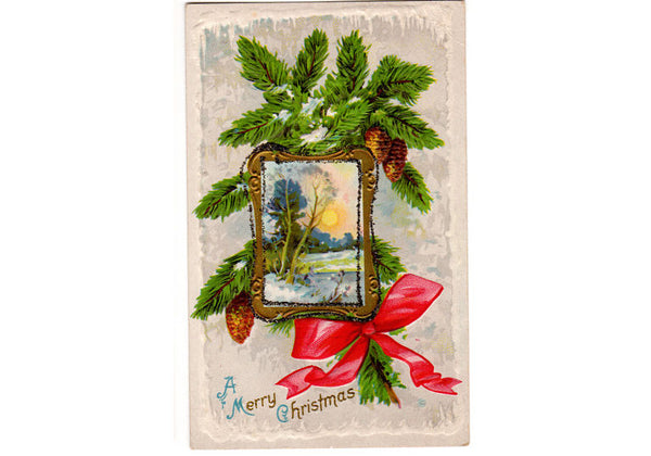 Antique 1910s Embossed Christmas Postcard Gold Picture Frame Red Ribbon and Pinecone - Avid Vintage