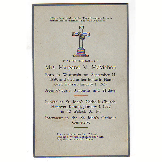 Vintage 1927 Death Notice Margaret McMahon Hanover Kansas Funeral Card - Avid Vintage