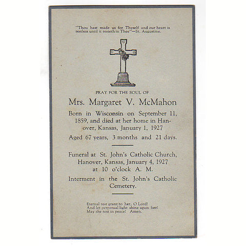 Vintage 1927 Death Notice Margaret McMahon Hanover Kansas Funeral Card - Avid Vintage