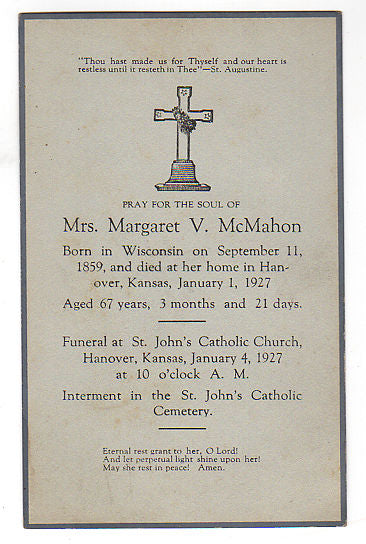 Vintage 1927 Death Notice Margaret McMahon Hanover Kansas Funeral Card - Avid Vintage