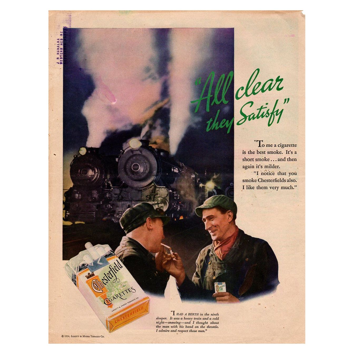 Vintage 1934 Chesterfield Magazine Print Advertisement 1930s Tobacciana Smoking Ad - Avid Vintage