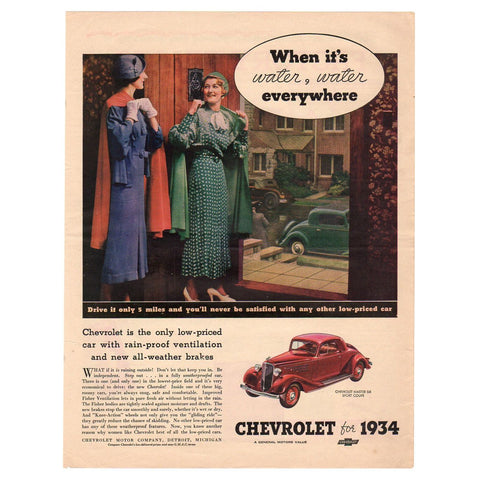 Vintage 1934 Chevy Master Six Sport Coupe Car Magazine Print Ad Kalamazoo Porcelain Stove