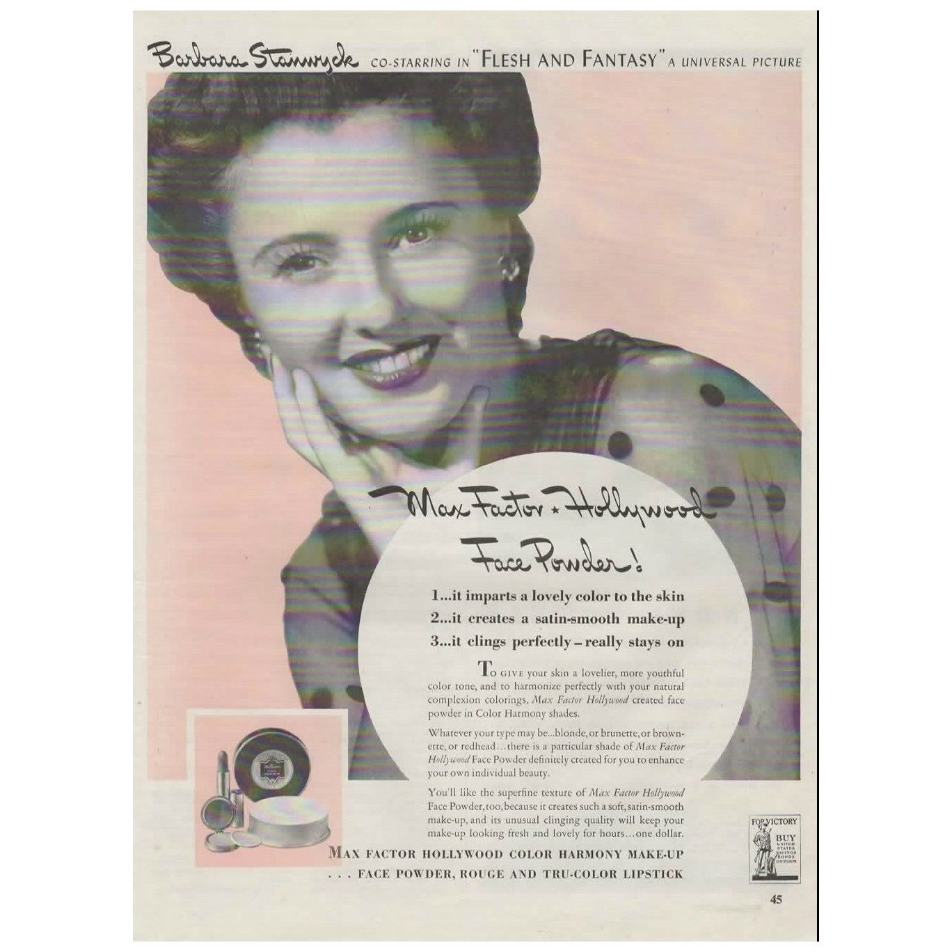 Vintage 1940s Max Factor Face Powder Magazine Print Ad with Barbara Stanwyck and Dundee Towels - Avid Vintage