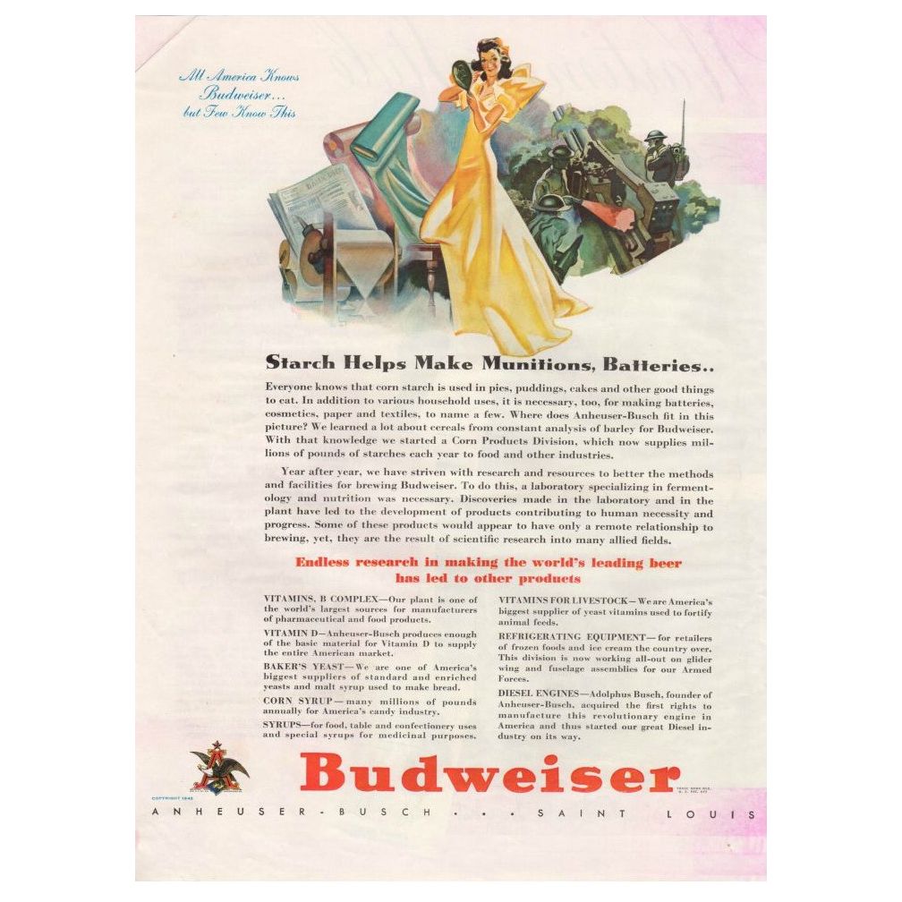 1942 Budweiser Magazine Print Ad WWII Soldier Lady in Yellow Evening Dress - Avid Vintage