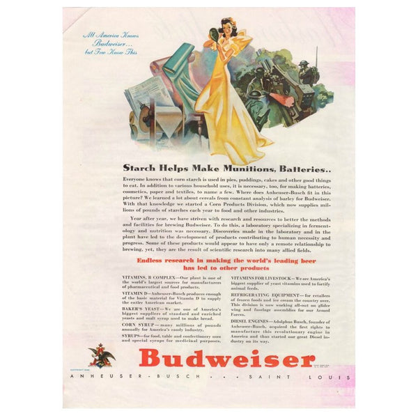 1942 Budweiser Magazine Print Ad WWII Soldier Lady in Yellow Evening Dress