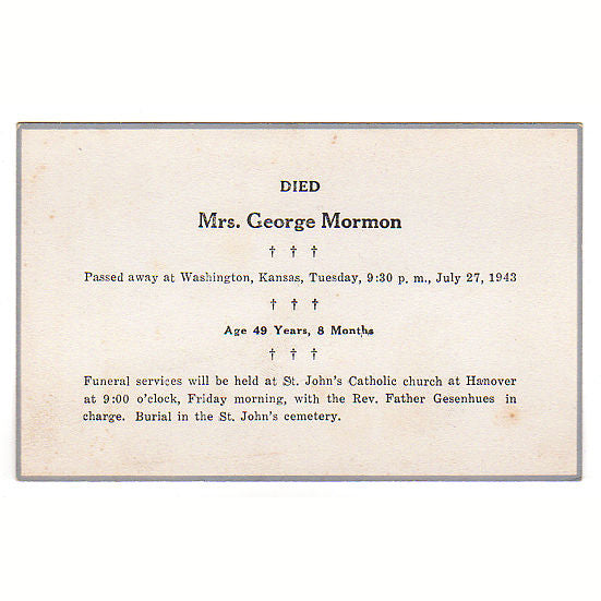 Vintage 1943 Funeral Card Mrs George Mormon Washington Kansas Death Notice - Avid Vintage