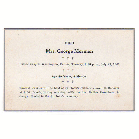 Vintage 1943 Funeral Card Mrs George Mormon Washington Kansas Death Notice - Avid Vintage