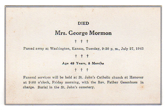 Vintage 1943 Funeral Card Mrs George Mormon Washington Kansas Death Notice - Avid Vintage