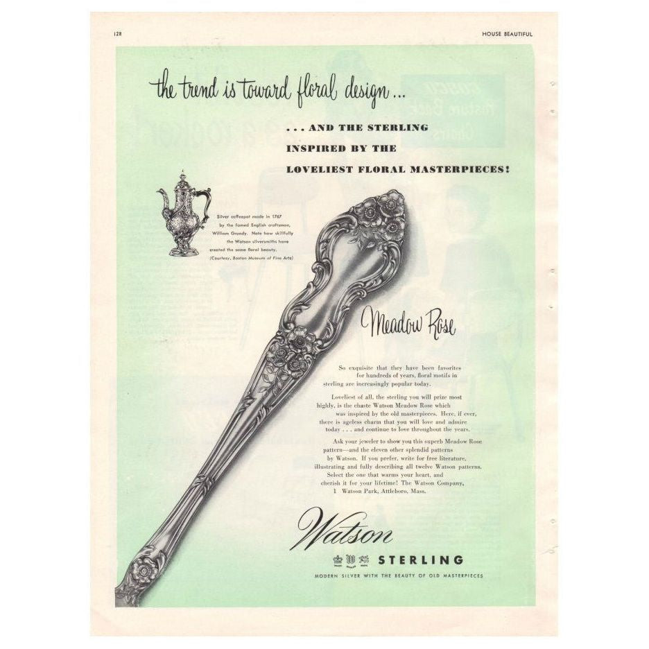 Vintage 1949 Watson Sterling Silverware Meadow Rose Pattern Magazine Print Ad - Avid Vintage