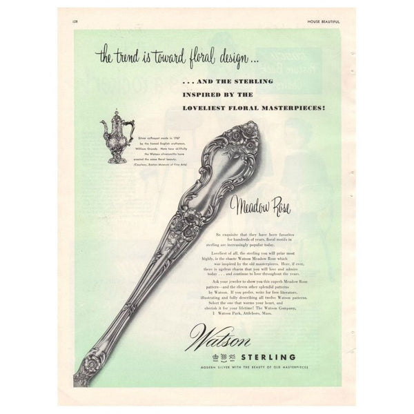 Vintage 1949 Watson Sterling Silverware Meadow Rose Pattern Magazine Print Ad