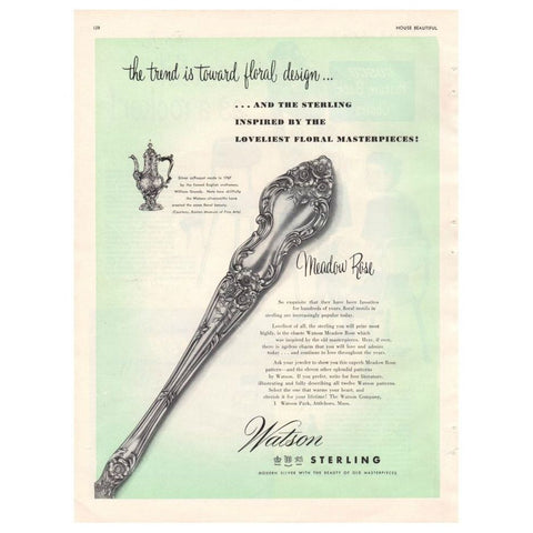 Vintage 1949 Watson Sterling Silverware Meadow Rose Pattern Magazine Print Ad