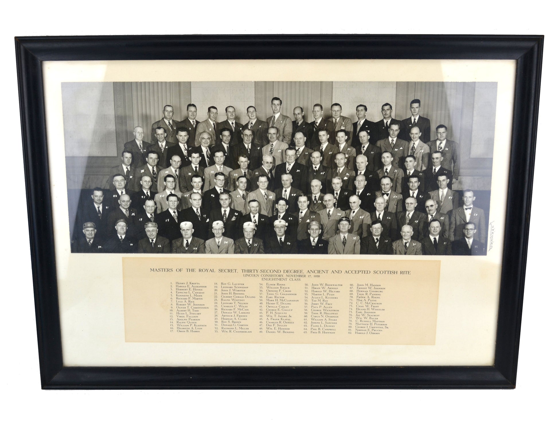 1950 Scottish Rite Lincoln Nebraska Masonic Framed Photograph with Member Names - Avid Vintage