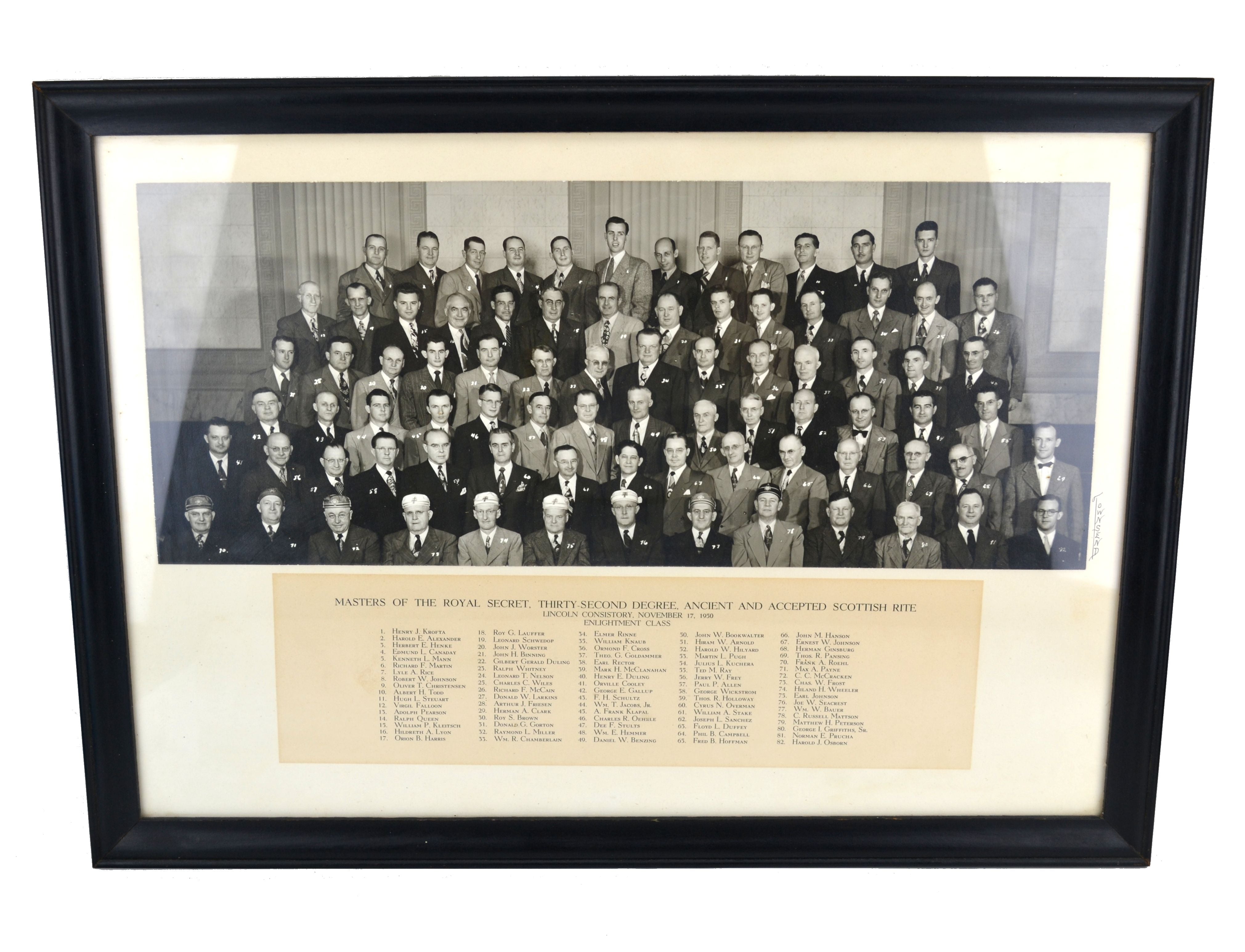 1950 Scottish Rite Lincoln Nebraska Masonic Framed Photograph with Member Names - Avid Vintage