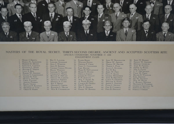 1950 Scottish Rite Lincoln Nebraska Masonic Framed Photograph with Member Names - Avid Vintage