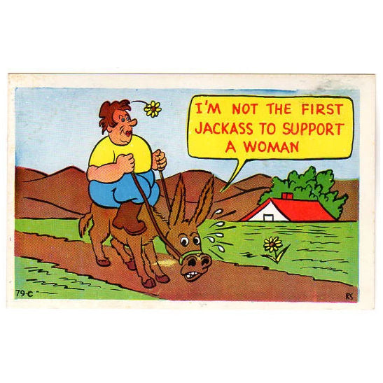 1950s Comic Postcard Not the First Jackass to Support a Woman Vintage Laff O Gram - Avid Vintage