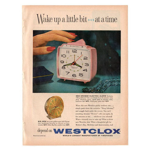 Vintage 1960 Westclox Magazine Print Ad Pink Alarm Clock Advertisement