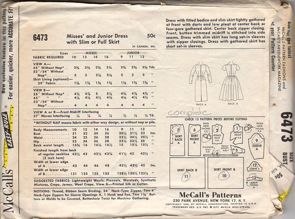 Vintage 1960s McCall's Sewing Pattern 6473 Slim or Full Skirt Bust 32 - Avid Vintage