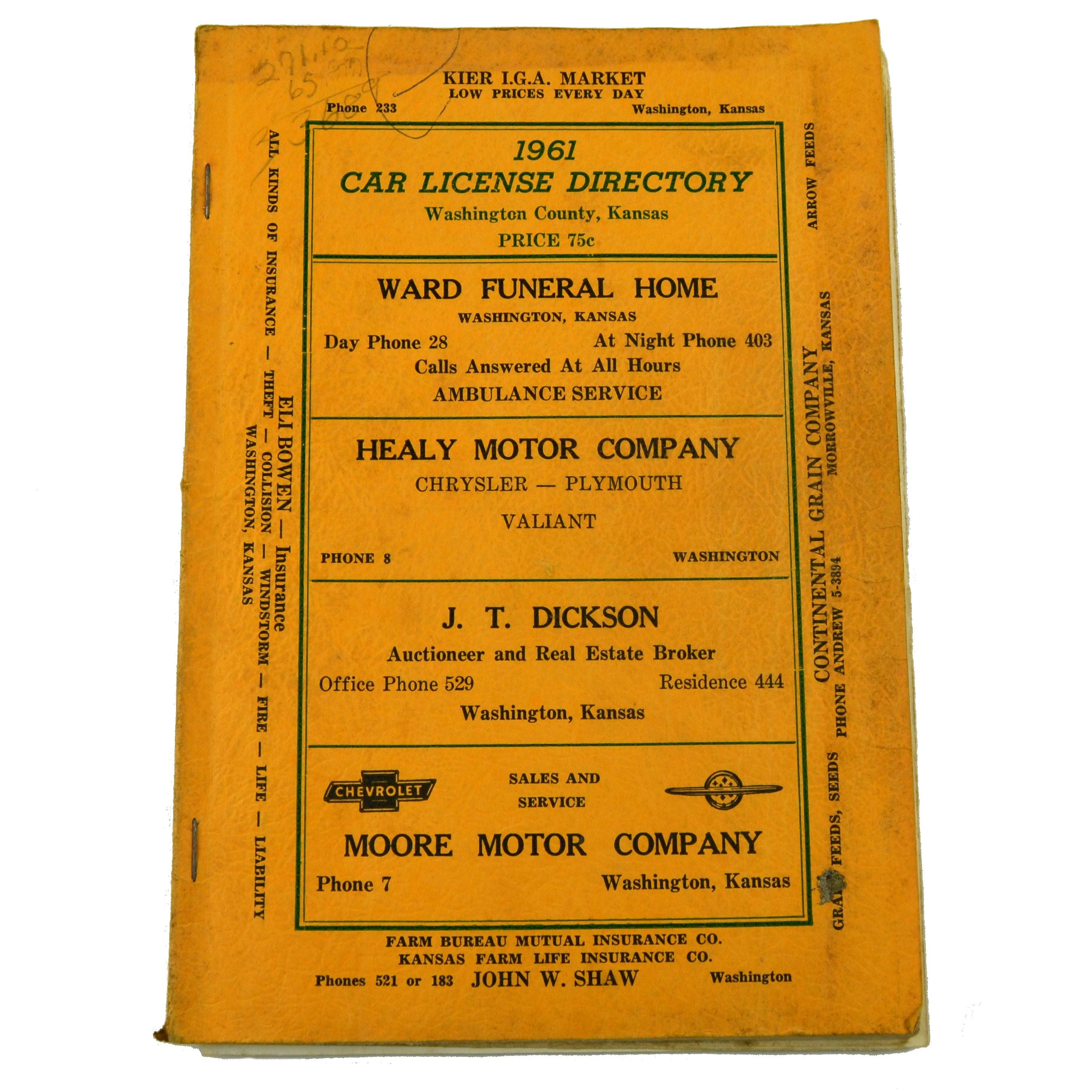 Vintage 1961 Washington County Kansas Car License Directory Book