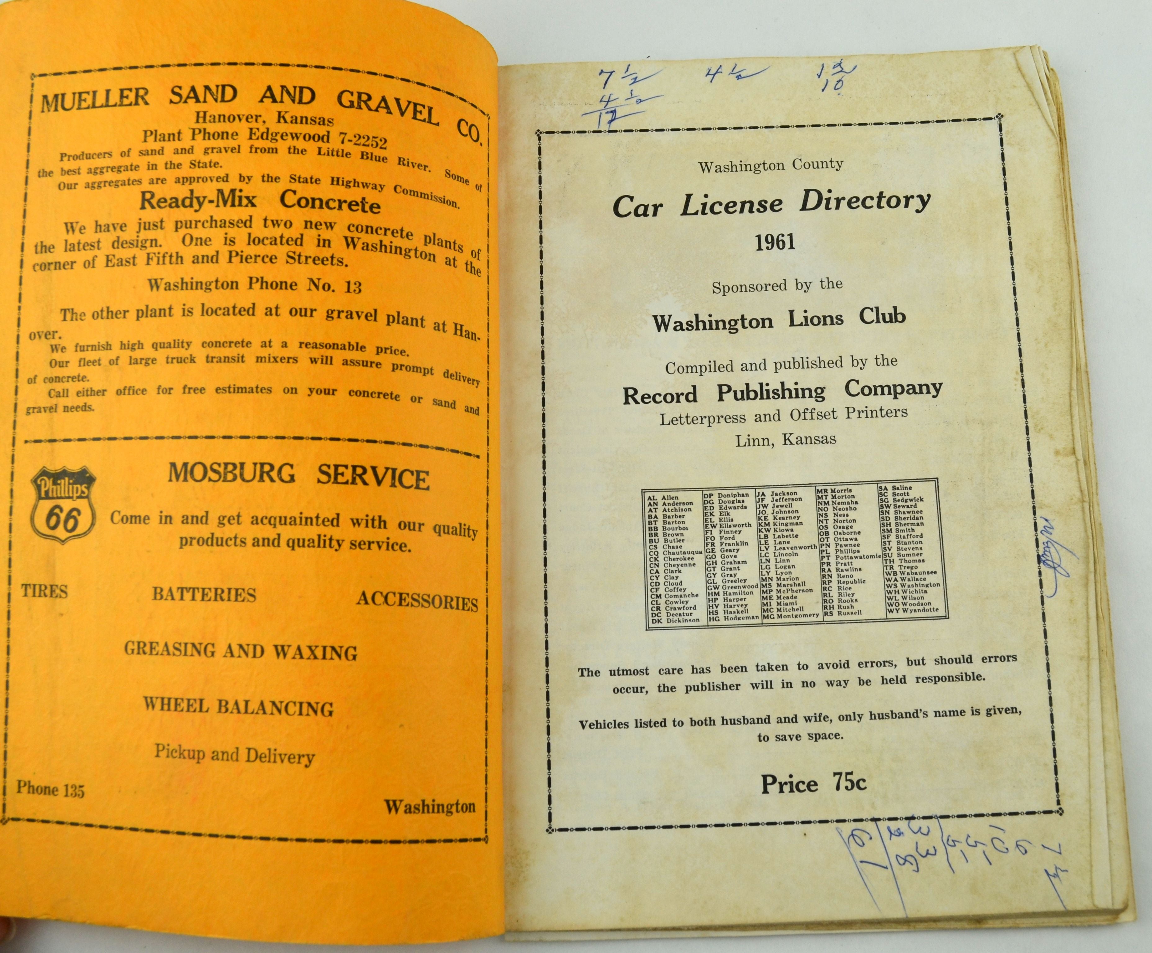 Vintage 1961 Washington County Kansas Car License Directory Book