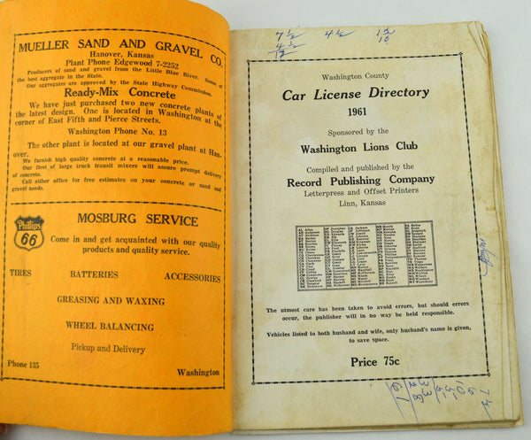 Vintage 1961 Washington County Kansas Car License Directory Book