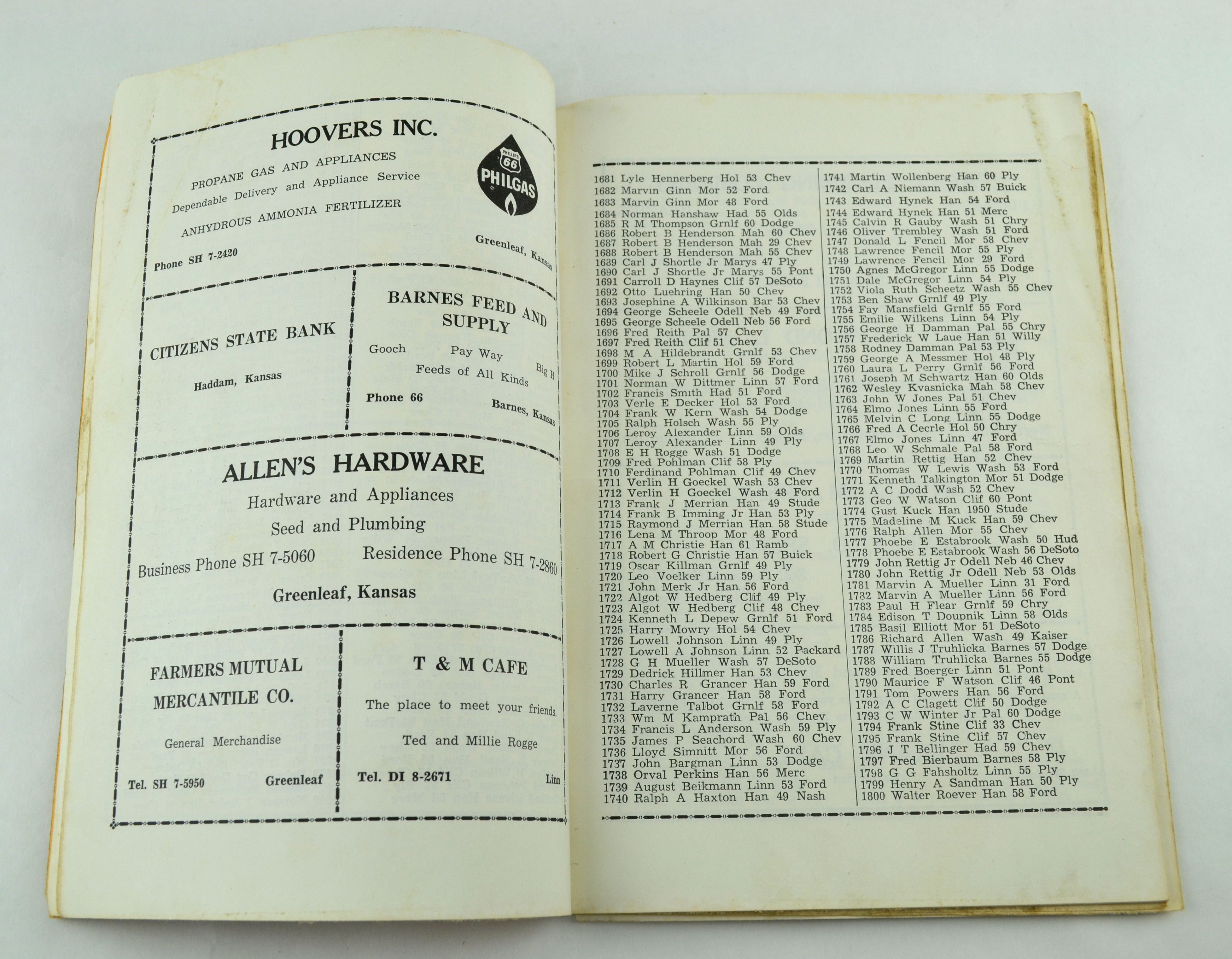 Vintage 1961 Washington County Kansas Car License Directory Book