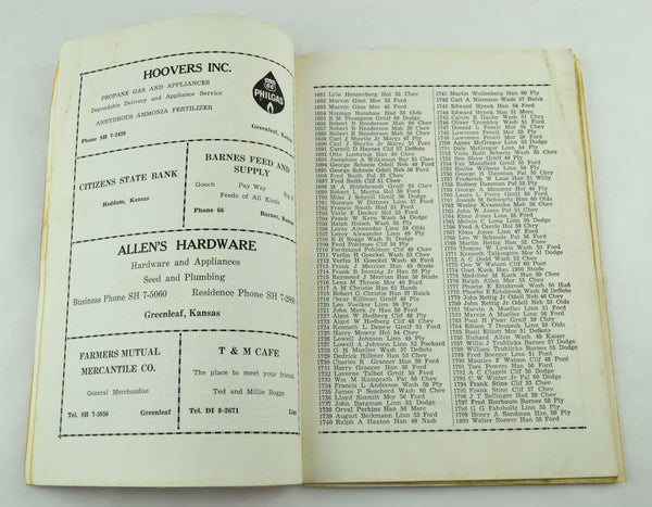 Vintage 1961 Washington County Kansas Car License Directory Book