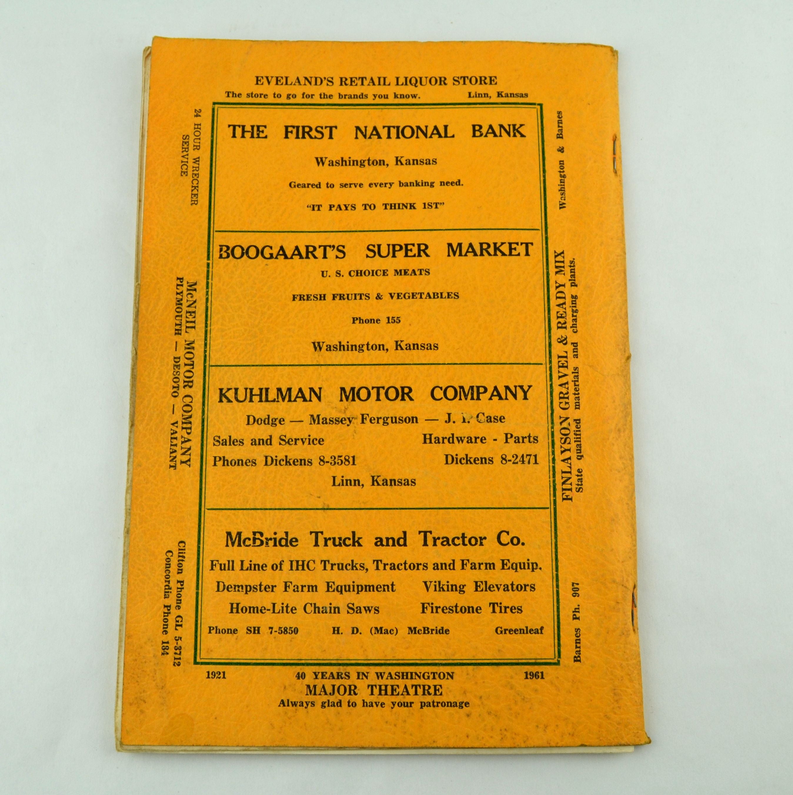 Vintage 1961 Washington County Kansas Car License Directory Book