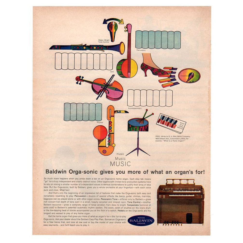 Vintage 1963 Baldwin Organ Magazine Print Ad 1960s Electronics Aurora Model Motoring - Avid Vintage