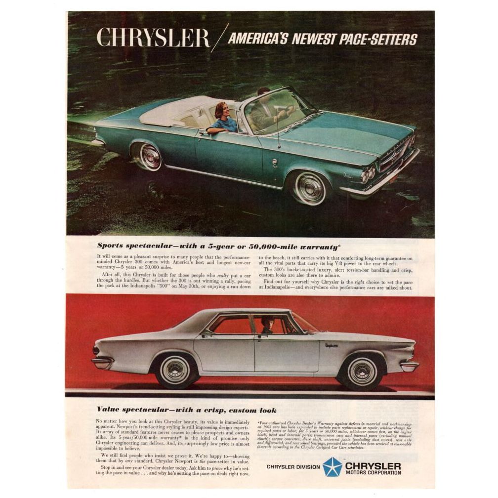 Vintage 1963 Chrysler 300 Convertible Car Magazine Print Ad - Avid Vintage
