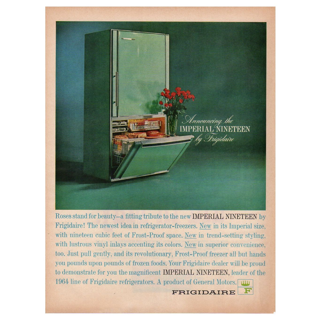1964 Frigidaire Magazine Paper Print Ad Turquoise Refrigerator Imperial Nineteen Model - Avid Vintage