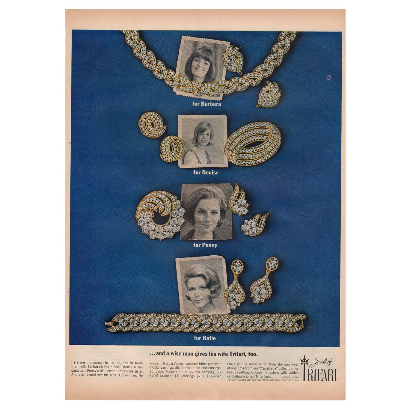 Vintage 1963 Trifari Jewelry Magazine Print Ad Rhinestone Necklace Brooch Cavalcade Collection - Avid Vintage