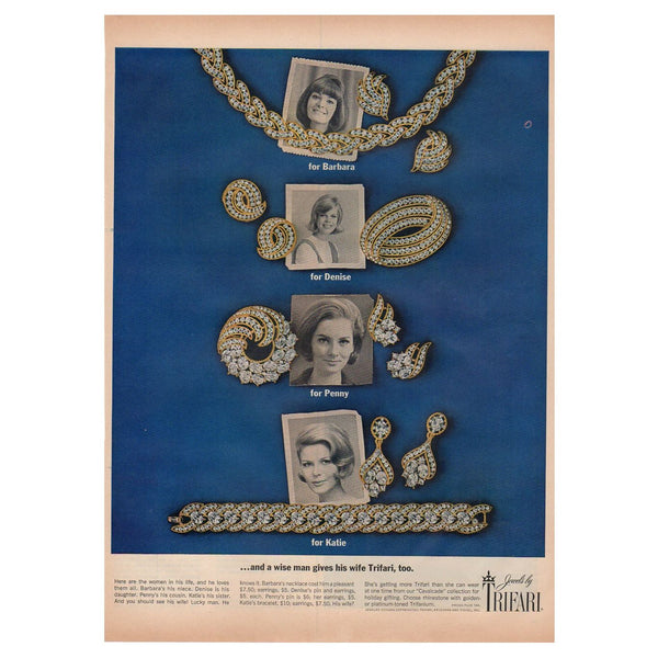 Vintage 1963 Trifari Jewelry Magazine Print Ad Rhinestone Necklace Brooch Cavalcade Collection