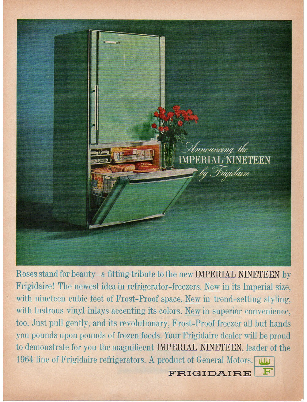 1964 Frigidaire Magazine Paper Print Ad Turquoise Refrigerator Imperial Nineteen Model - Avid Vintage