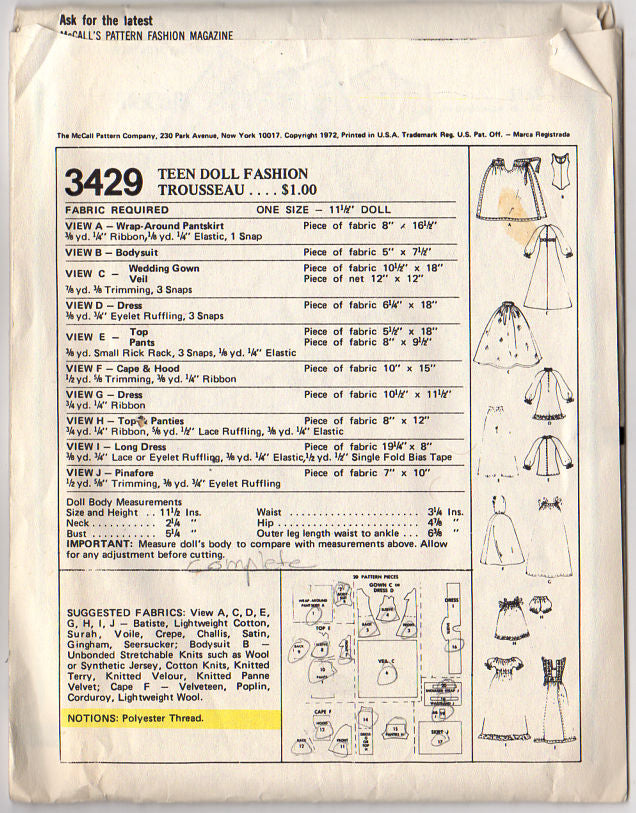 1970s Simplicity Sewing Pattern 3429 Vintage 11.5 Inch Teen Doll Fashion Trousseau - Avid Vintage