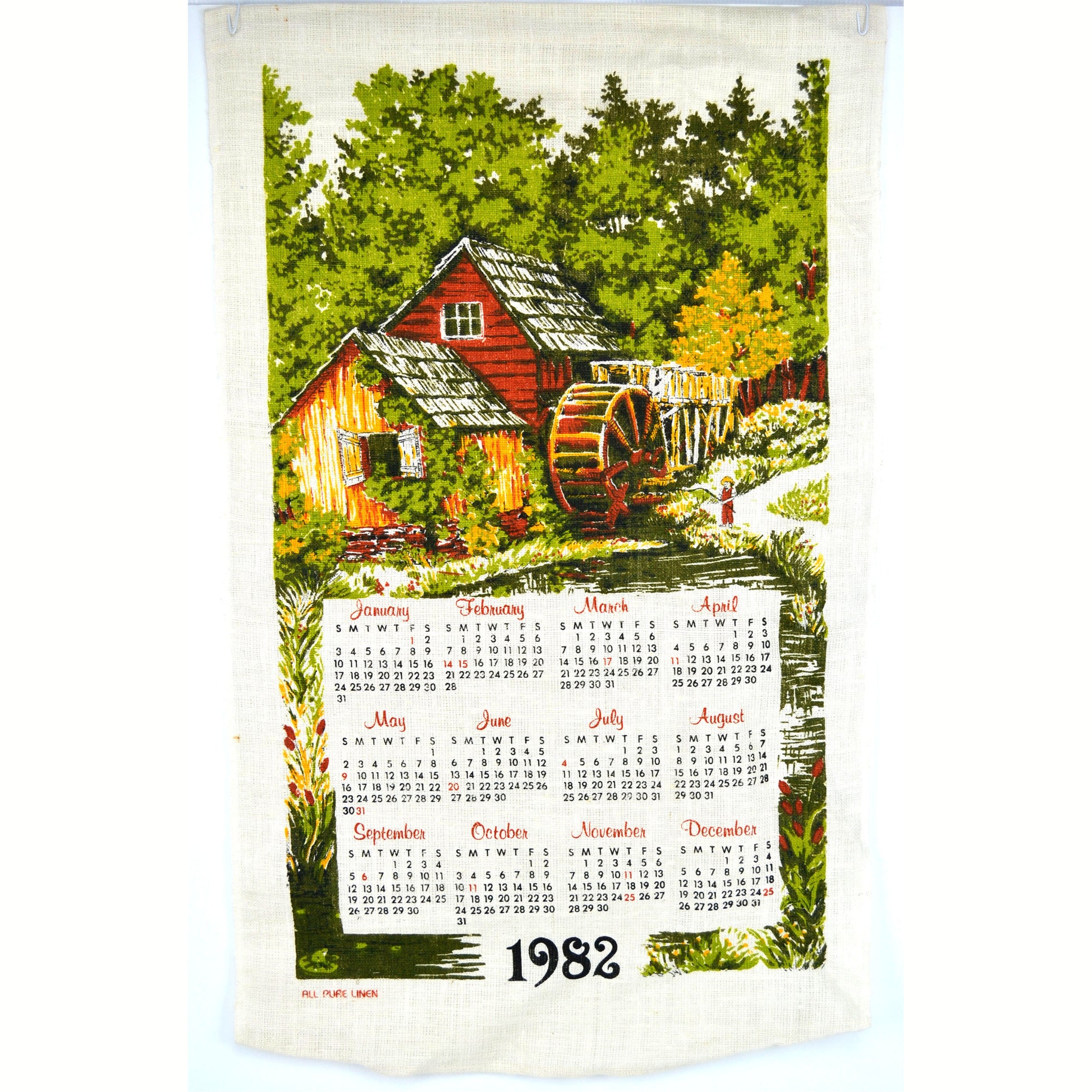 Vintage 1982 Calendar Tea Towel Red Barn Mill with Waterwheel Kitchen Pure Linen - Avid Vintage