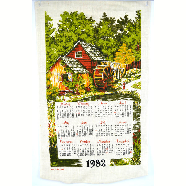 Vintage 1982 Calendar Tea Towel Red Barn Mill with Waterwheel Kitchen Pure Linen - Avid Vintage