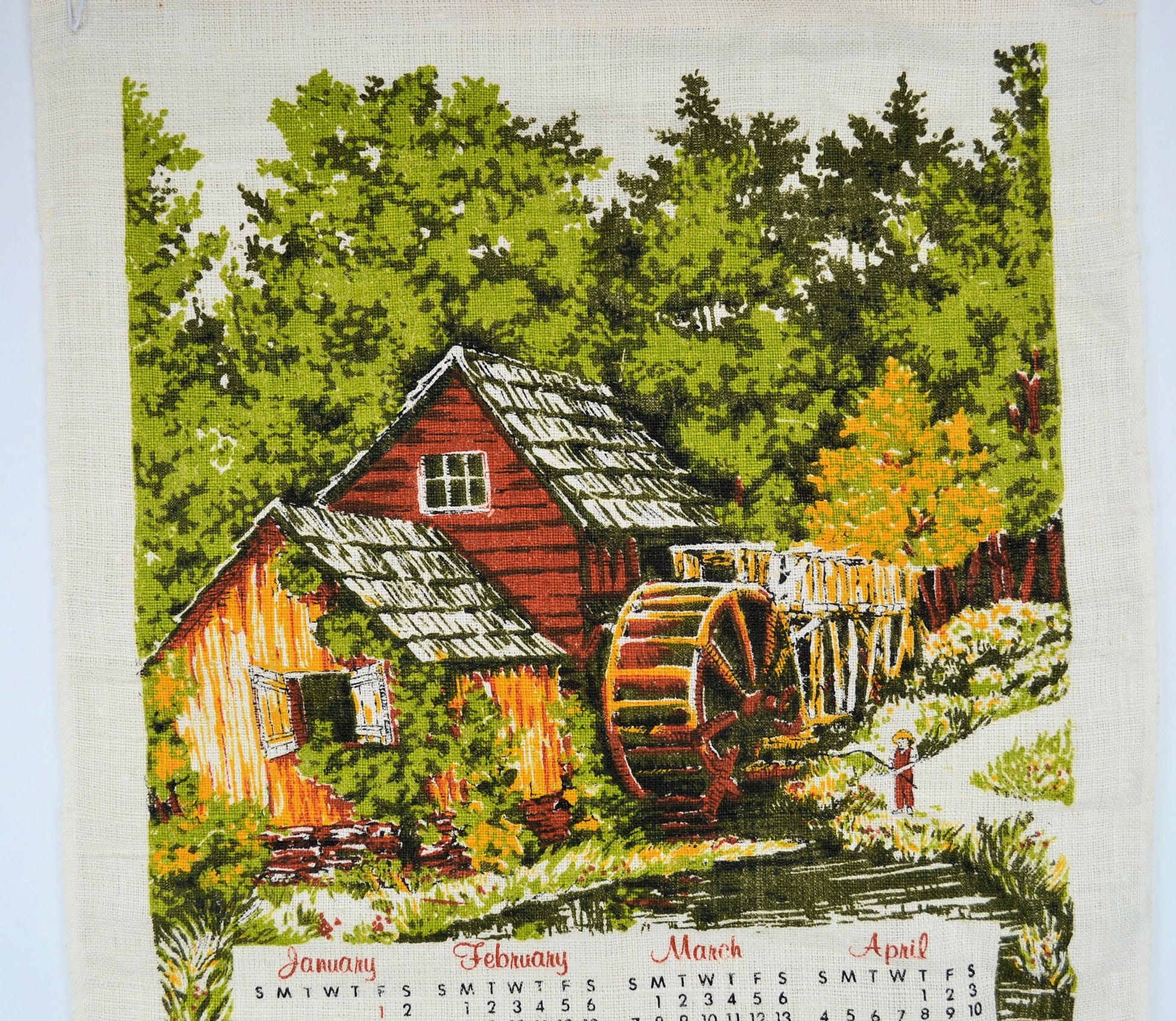 Vintage 1982 Calendar Tea Towel Red Barn Mill with Waterwheel Kitchen Pure Linen - Avid Vintage