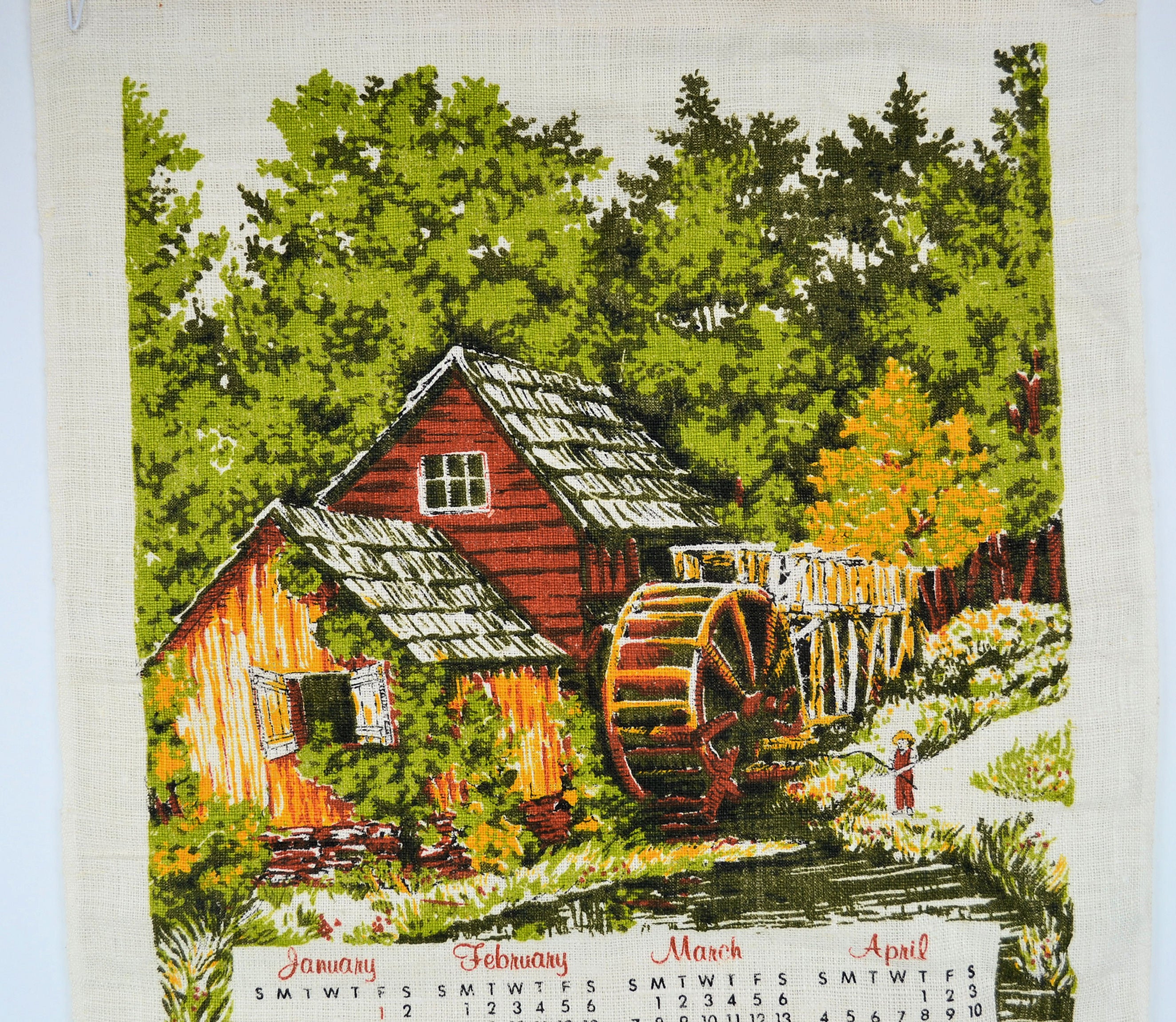 Vintage 1982 Calendar Tea Towel Red Barn Mill with Waterwheel Kitchen Pure Linen - Avid Vintage